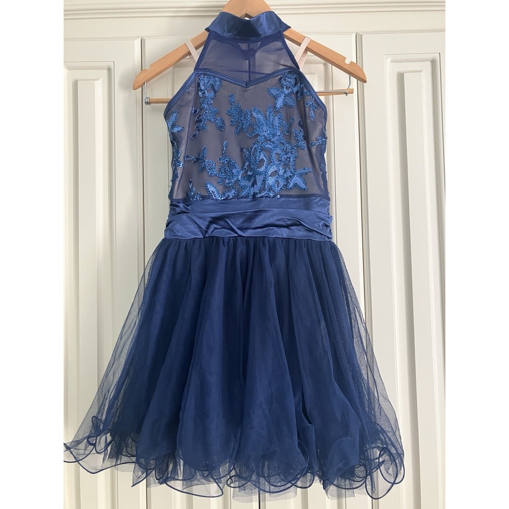 Weissman Blue Mesh Leotard Dress Dance Costume Tulle Tutu Halter Large Child